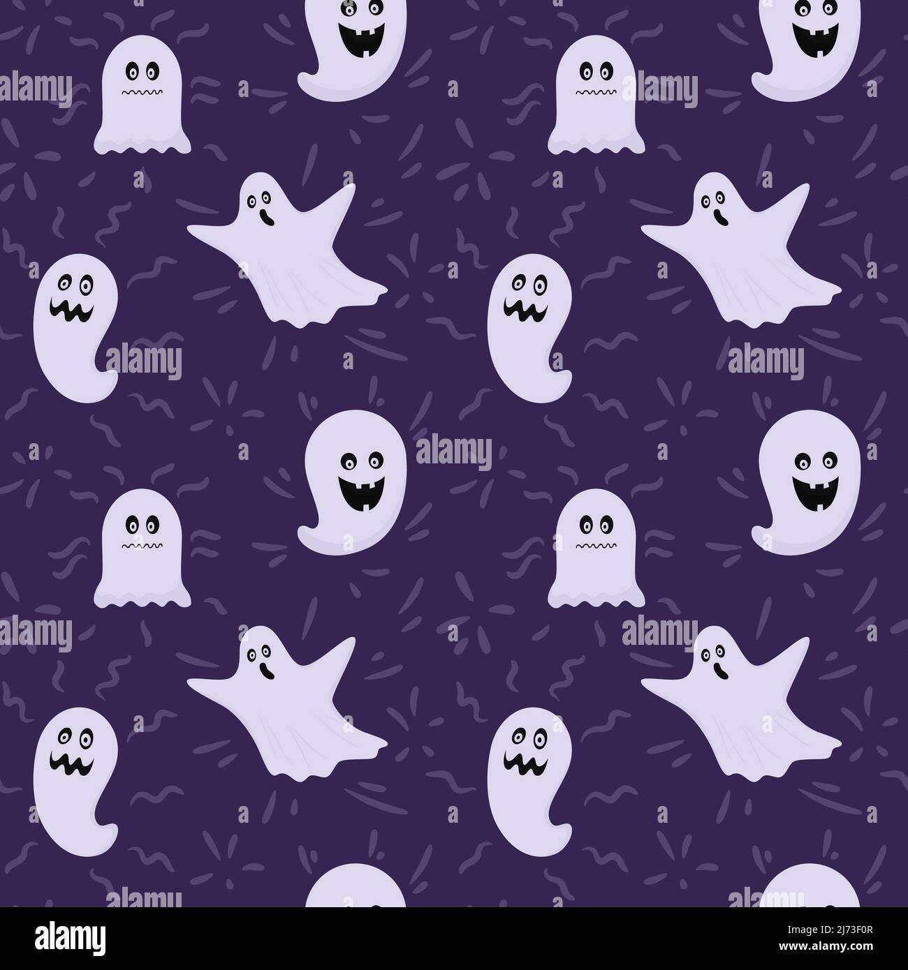 Nahtloses Muster mit Halloween-Geistern. Flache Geister, Phantome im Laken. Beängstigend, gruselig. Farbvektordarstellung auf einem dunkelvioletten Hintergrund Stock Vektor