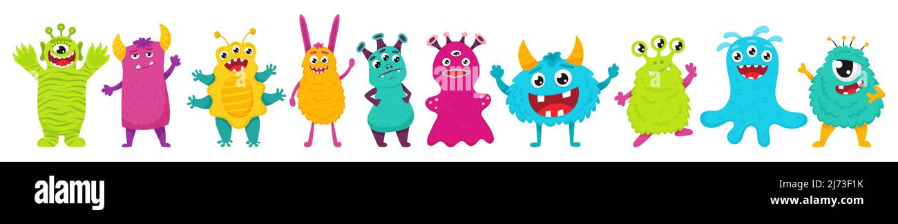 Ein Set von niedlichen Monstern. Helle Comic-Figuren. Vektorgrafik für Kinder. Flacher Stil, isoliert auf weißem Hintergrund Stock Vektor