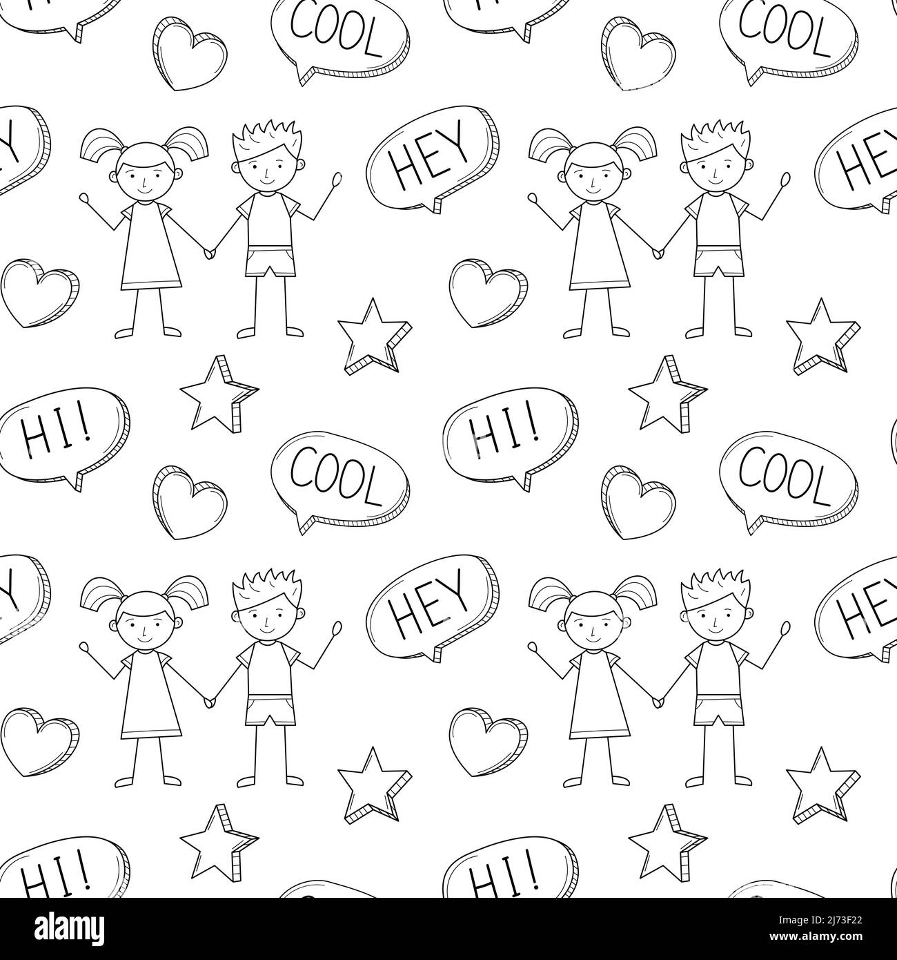 Eine einfache Schule nahtlose Muster mit einem niedlichen Jungen und Mädchen in einem kindischen Stil gezeichnet. Schwarz-weißer Hintergrund mit isoliertem, handgezeichneten Doodle-Outlin Stock Vektor