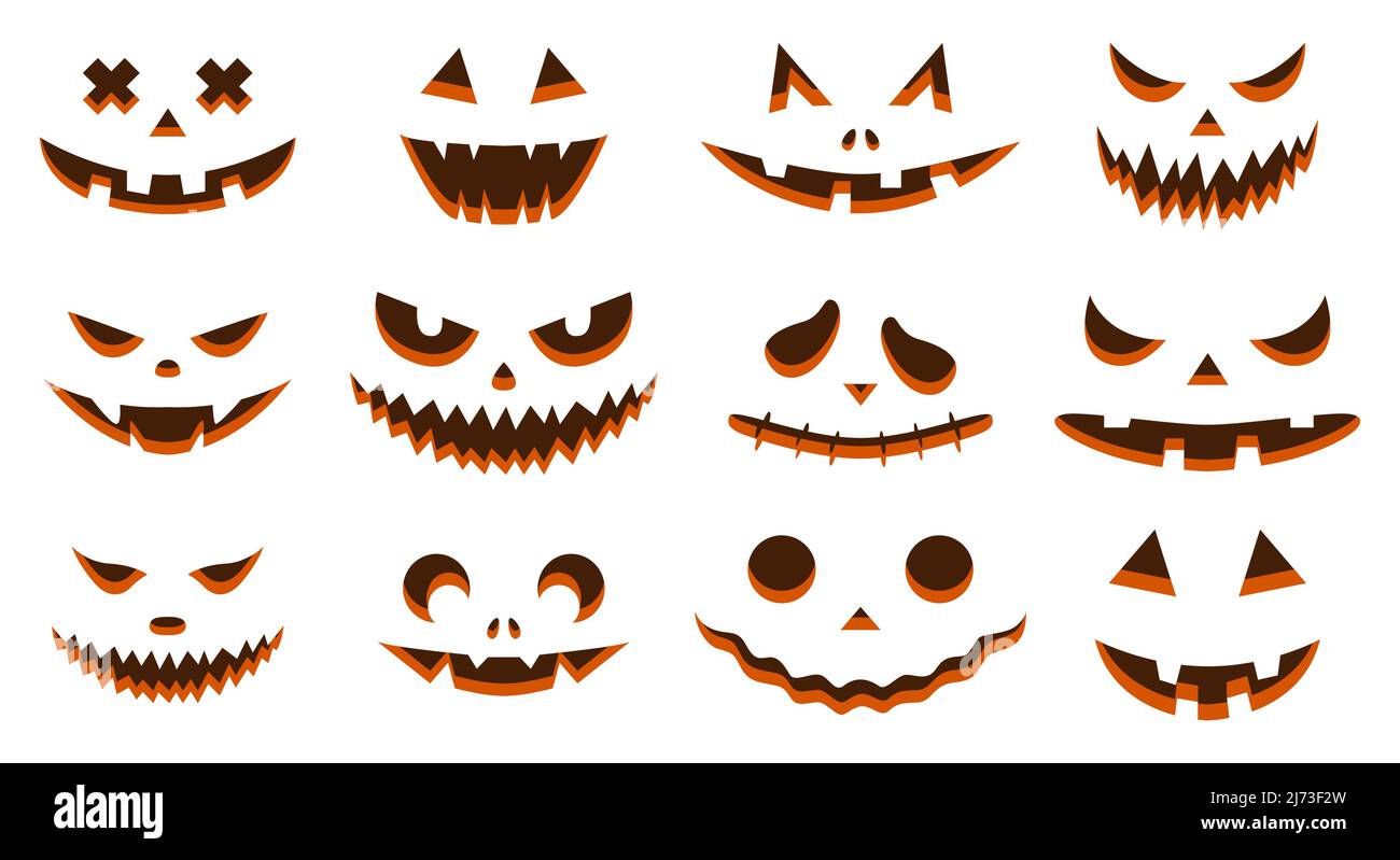 Lustige Physiognomien. Eine Sammlung von Halloween Kürbissen mit geschnitzten Silhouetten von Gesichtern isoliert auf weiß. Eine Schablone mit vielen Augen, Mündern, Nasen f Stock Vektor