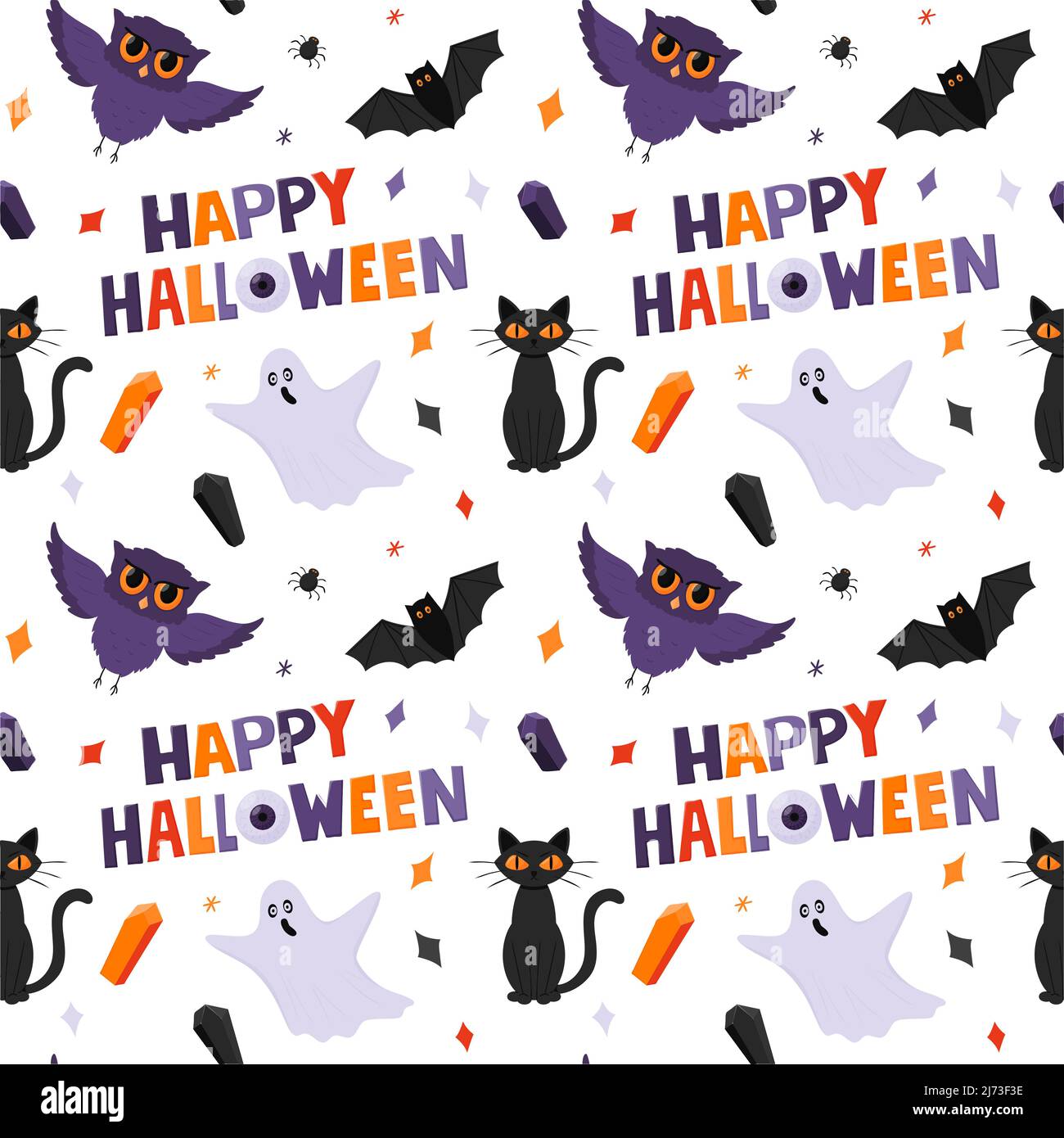 Halloween nahtloses Muster mit Geistern, Eulen, einer Katze und Happy Halloween Worten. Flache Cartoon-Elemente auf weißem Hintergrund. Farbiger Hintergrund für Packagi Stock Vektor