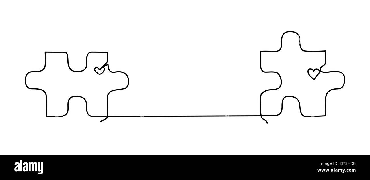 Zwei Puzzleteile, die mit einer Linie und einem Herzen verbunden sind. Kontinuierliche Linienzeichnung für Beziehungskonzept oder Datierung Stock Vektor
