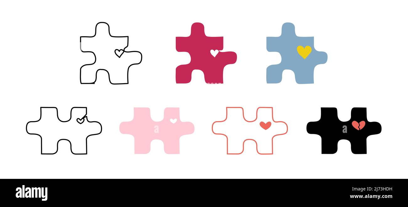 Set aus verschiedenen Puzzle-Stücke mit kleinen Herzen in flachem Stil für Ehe Therapie Website oder Einladung Design Stock Vektor