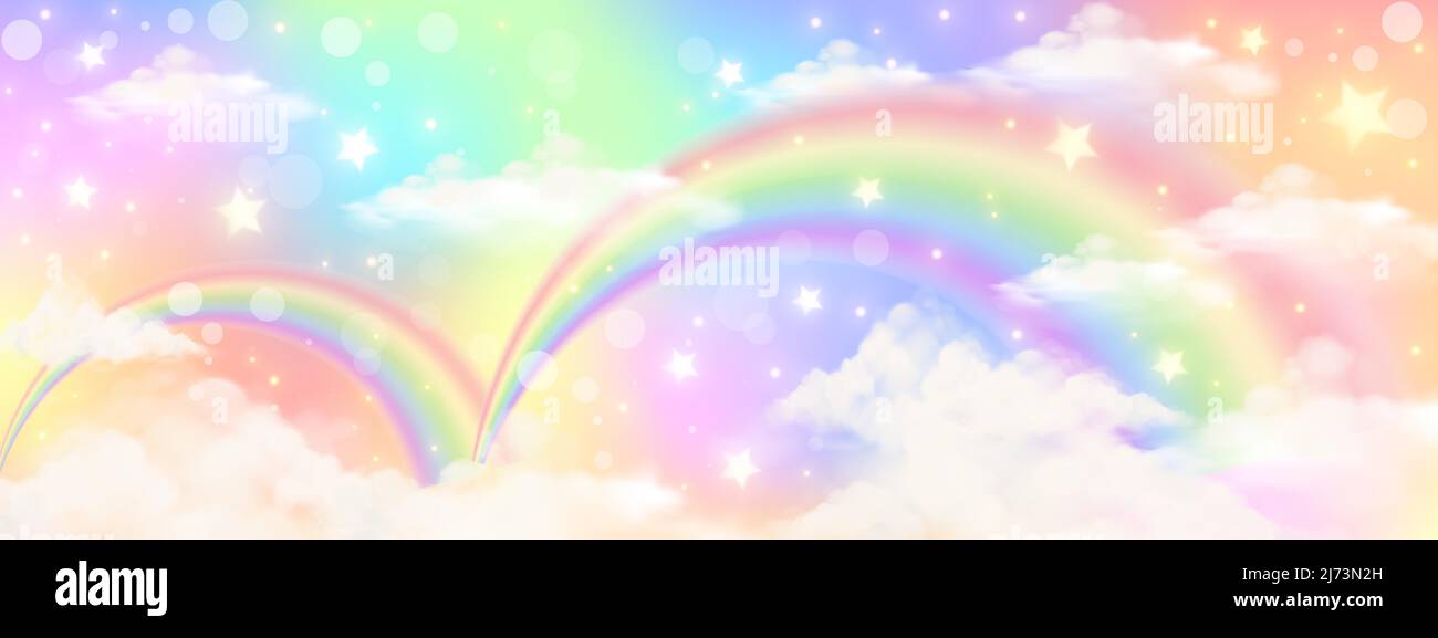 Holografische Fantasie Regenbogen Einhorn Hintergrund mit Wolken. Himmel in Pastellfarben. Magische Landschaft, abstraktes fabelhaftes Muster. Niedliche Bonbons Tapete. Vect Stock Vektor