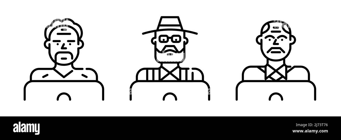 Ältere Männer, die die Symbole für Laptops verwenden. Pixel Perfect, bearbeitbares Kontursymbol Stock Vektor