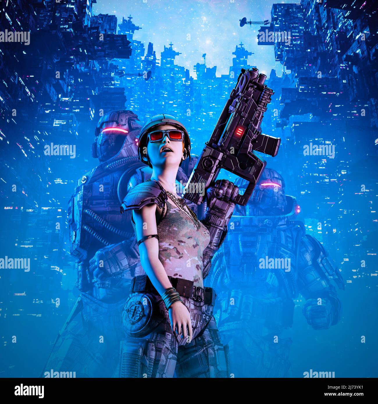 Cyberpunk Soldier girl - 3D Illustration von Science-Fiction militärische Roboter Krieger und weibliche Helden erkunden futuristische Stadt Stockfoto