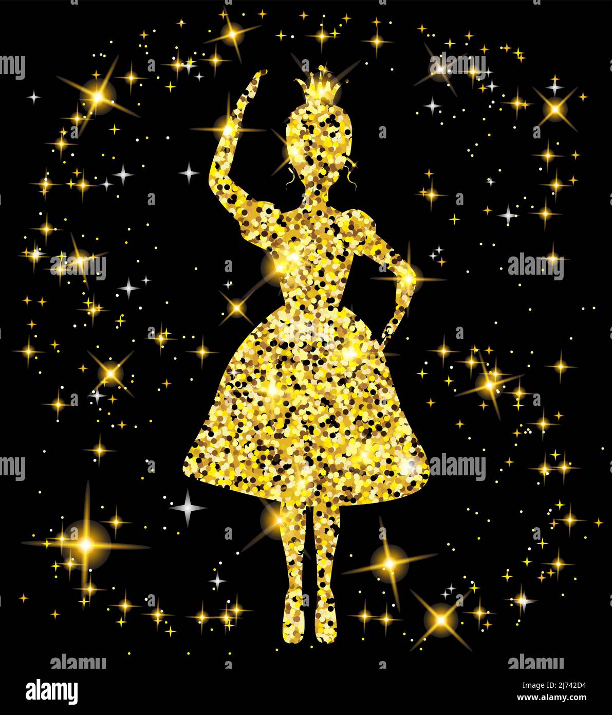Gold glitzernde Prinzessin Illustration Design mit magischen Sternen auf schwarzem Hintergrund Stock Vektor