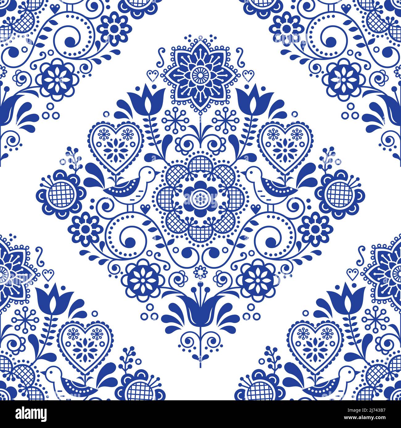 Skandinavisches nahtloses Folk-Art-Vektormuster mit Vögeln und Blumen, niedliches nordisches Marineblau mit sich wiederholenden Blumenmustern - Dekor mit Textil- oder Stoffdruck Stock Vektor