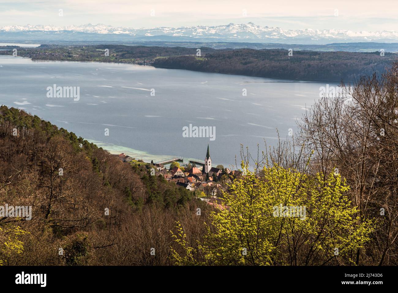 Panoramablick auf den Bodensee und die schweizer alpen Stockfoto