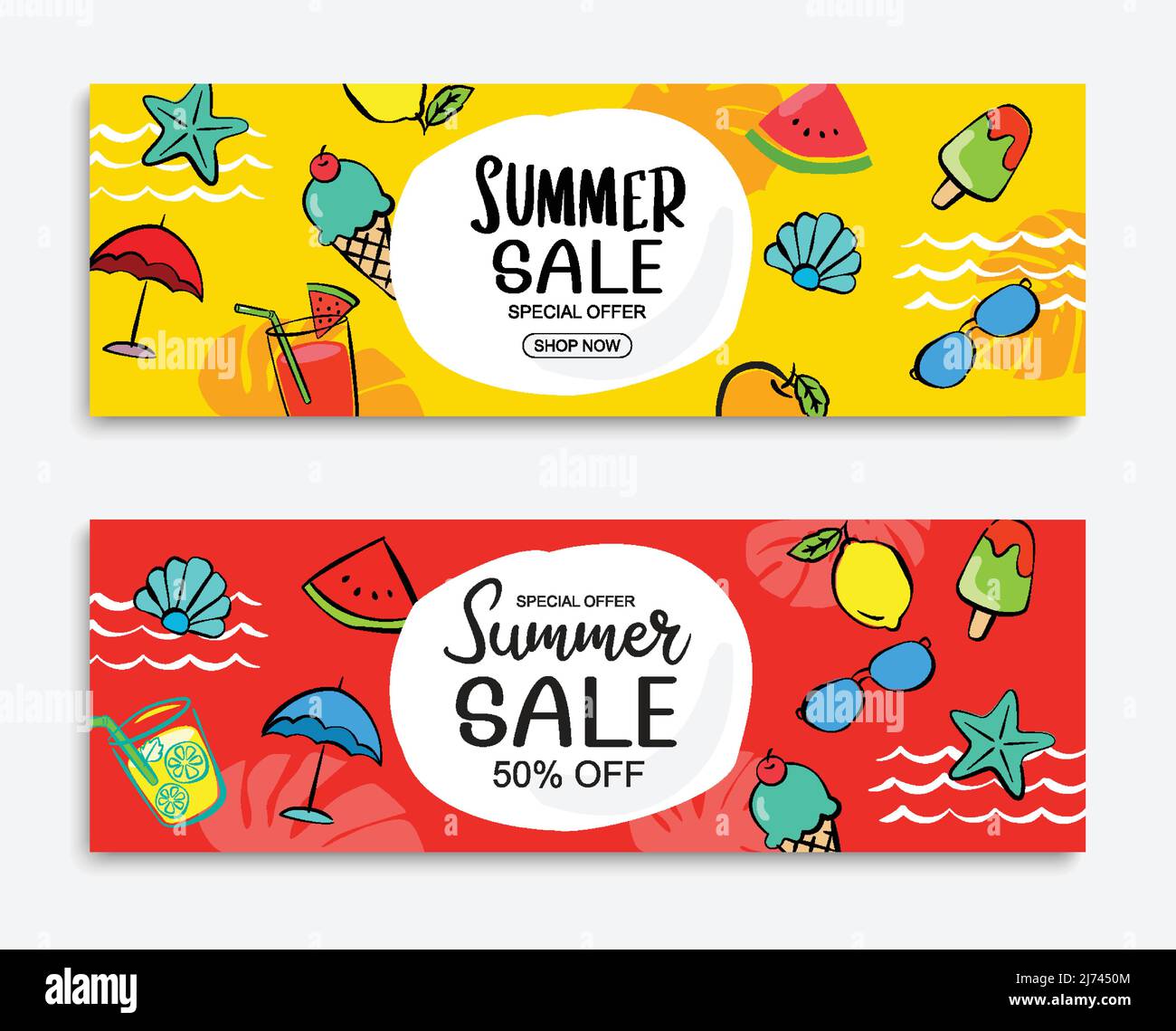 Sommer Verkauf Banner Cover Vorlage Hintergrund. Sommerrabatt-Sonderangebot im handgezeichneten Stil. Stock Vektor