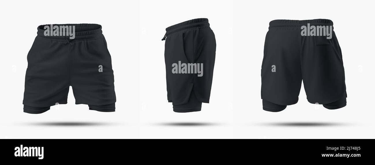 Nachbau von schwarzen lockeren Sportshorts mit Kompressionsfutter, 3D Rendering, isoliert auf Hintergrund, vorne, hinten, Seitenansicht. Vorlage der Herrenbekleidung f Stockfoto