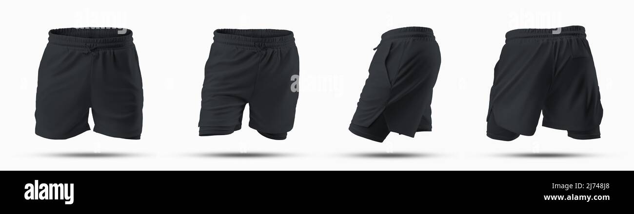 Nachbau von schwarzen lockeren Shorts mit Unterhose Kompressionslinie, 3D Rendering, isoliert auf Hintergrund, vorne, hinten, Seitenansicht. Set aus Sportswear für Herren Stockfoto