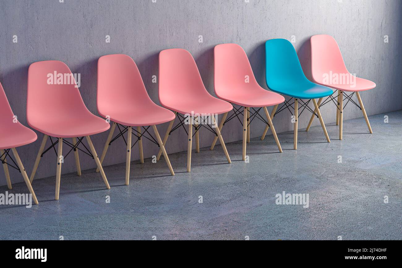 Rosa und blaue Stühle, Konzept der Ungleichheit zwischen den Geschlechtern. 3D Rendern Stockfoto