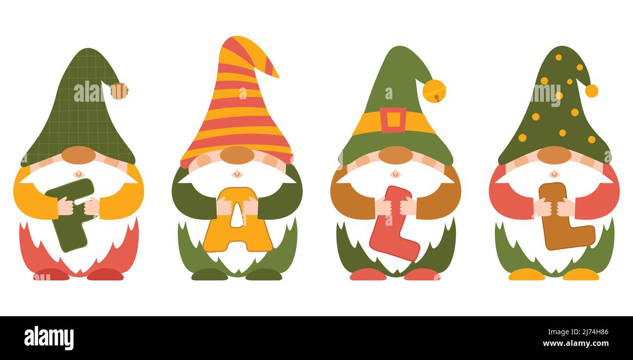 Eine Sammlung kleiner herbstlicher druckvoller Zwerge in Mützen, die die Buchstaben HALTEN, FALLEN ihnen in die Hände. Niedliche kleine Waldgnome, Comic-Figuren. Farbvekt Stock Vektor