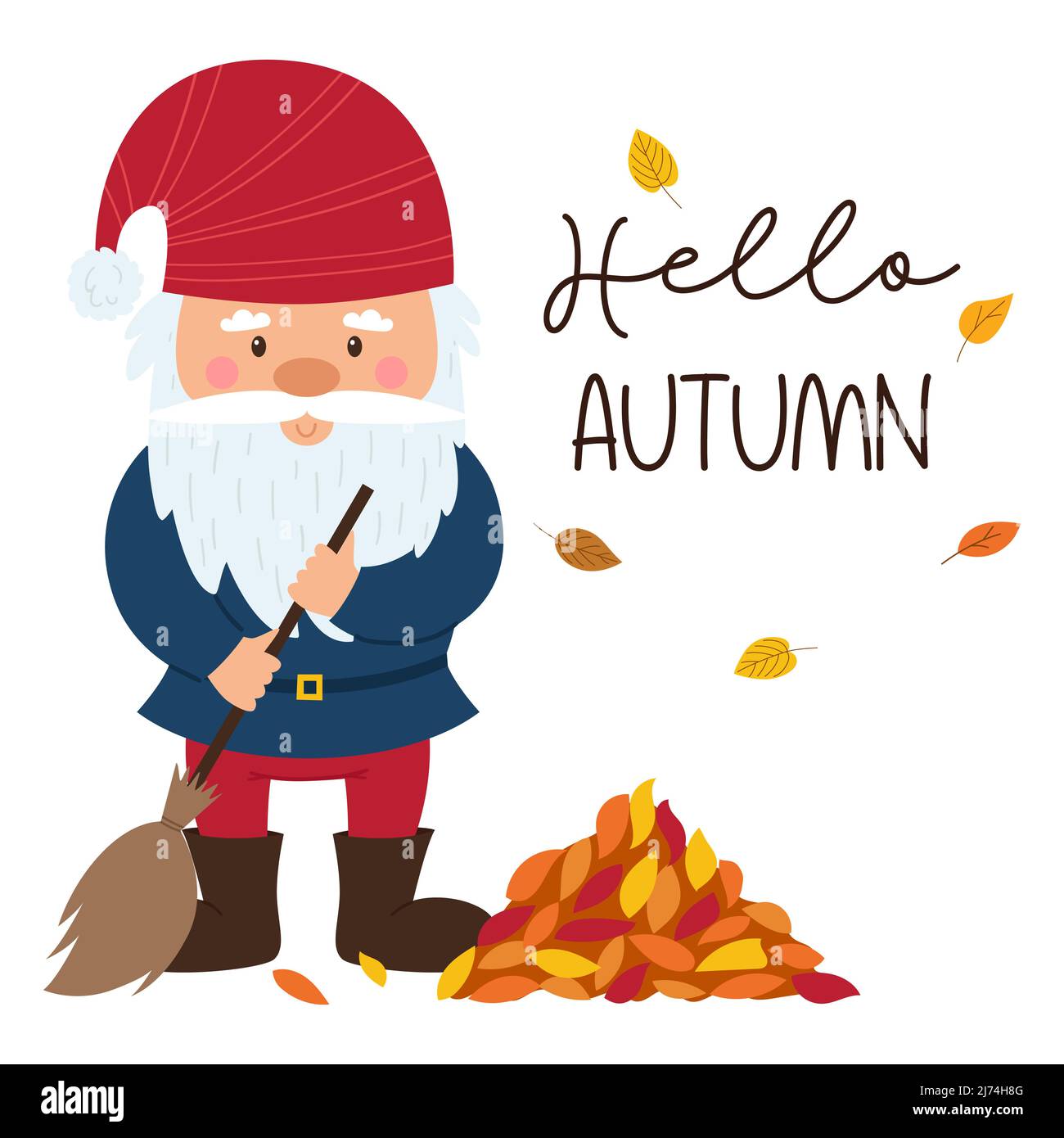 Ein kleiner Gnom mit Bart und rotem Hut fegt herbstliche Blätter. Eine Postkarte mit kleinem Zwerg und den Worten Hello Autumn. Niedlichen Cartoon alten Mann, ich Stock Vektor