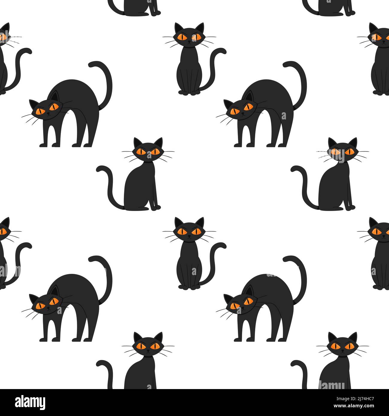 Nahtloses Muster mit einer schwarzen Halloween Katze mit gelben Augen. Flache Cartoon-Katze sitzt, steht und gewölbt den Rücken. Eine wütende, unzufriedene, runzelige Anim Stock Vektor