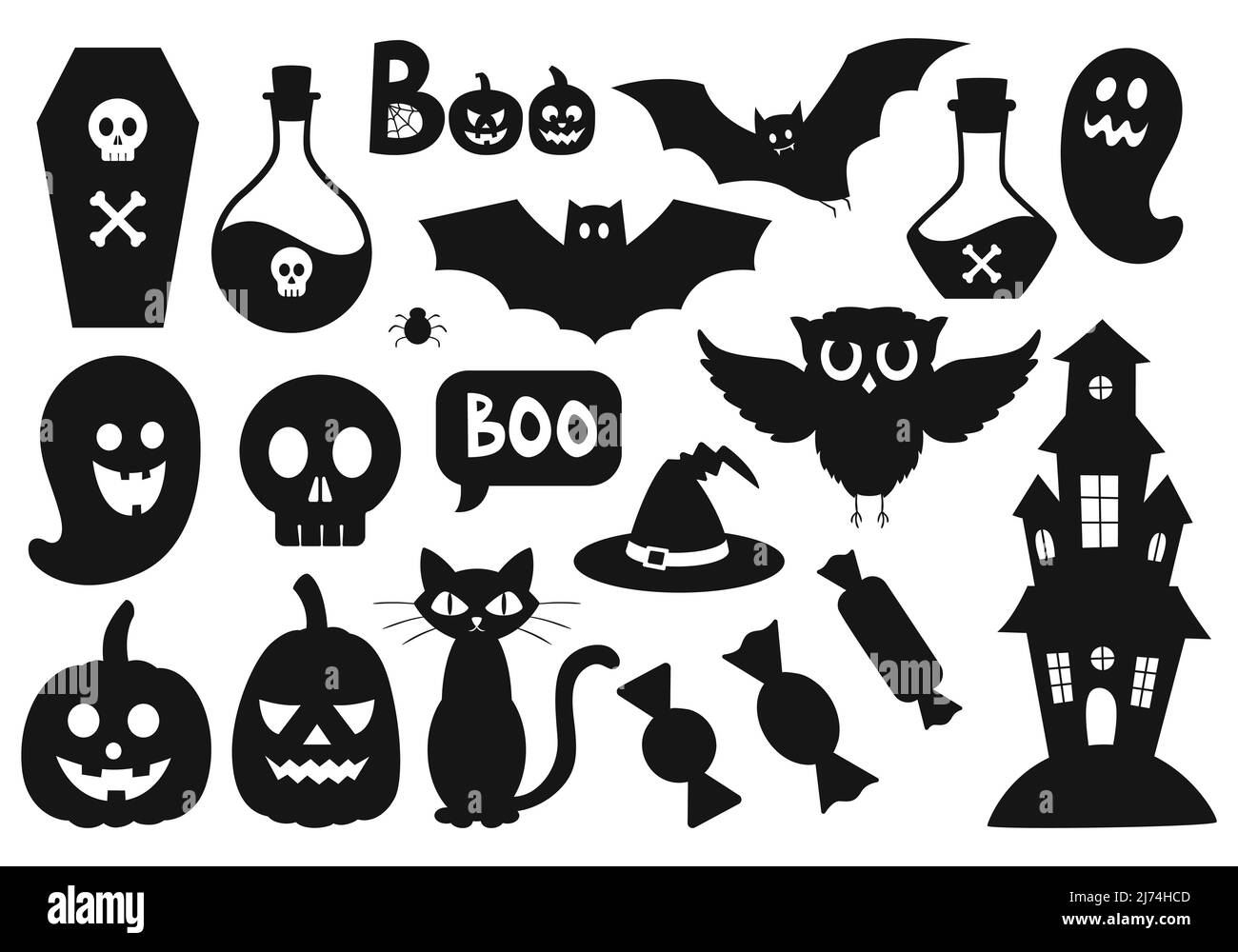 Ein Satz einfacher schwarzer Silhouetten von Halloween-Symbolen. Eule, Geist, Fledermaus, Trank, Schädel, hut, Katze, Süßigkeiten. Einfache flache Vektor dekorative Elemente sind IS Stock Vektor