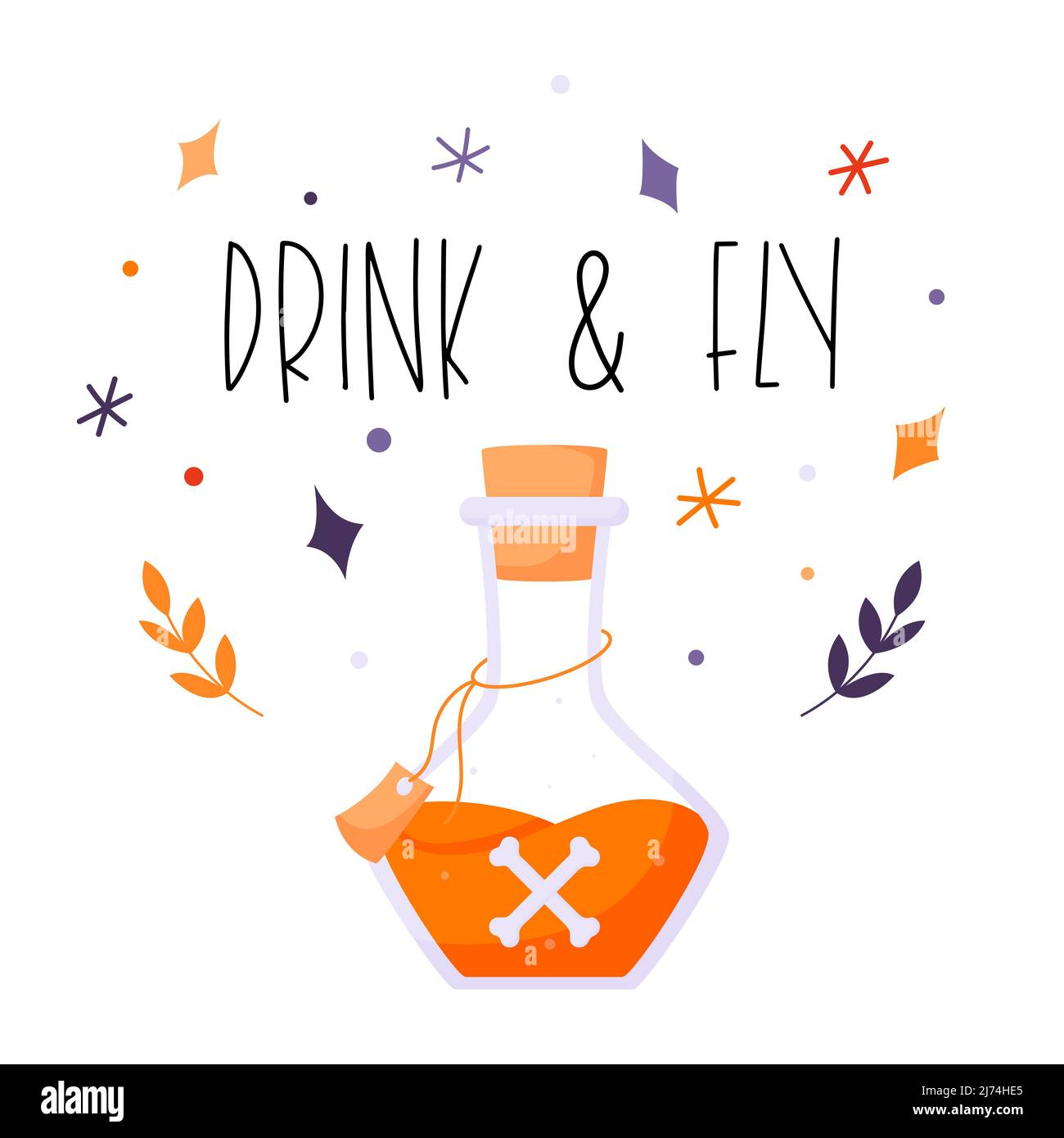 Eine Flasche mit Gift und Knochen und dem Ausdruck „Trinken und fliegen“. Eine Postkarte mit dekorativen Elementen für Halloween. Farbige flache Vektordarstellung isoliert Stock Vektor