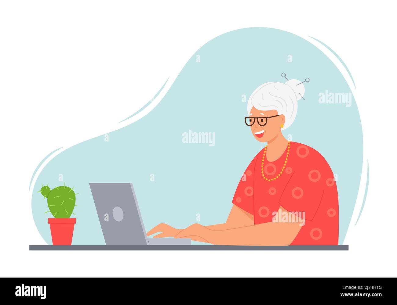 Eine glückliche ältere Frau mit grauen Haaren sitzt mit einem Laptop an einem Tisch. Ein erwachsenes modernes Gradma in Gläsern und Perlen kommuniziert am Computer. Co Stock Vektor