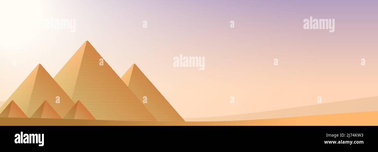 Ägyptische Pyramiden von Gizeh auf einem sonnigen Wüstenhintergrund. Ägypten Landschaft Cartoon Vektor Hintergrund. Stock Vektor