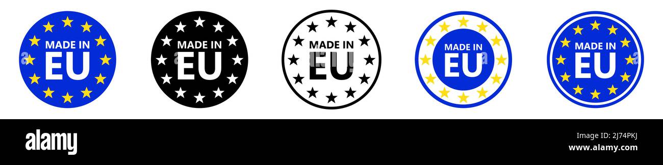 Hergestellt in der EU. Logo der Europäischen Union. Vektorgrafik. Satz von EU-Flaggensymbolen. Stock Vektor