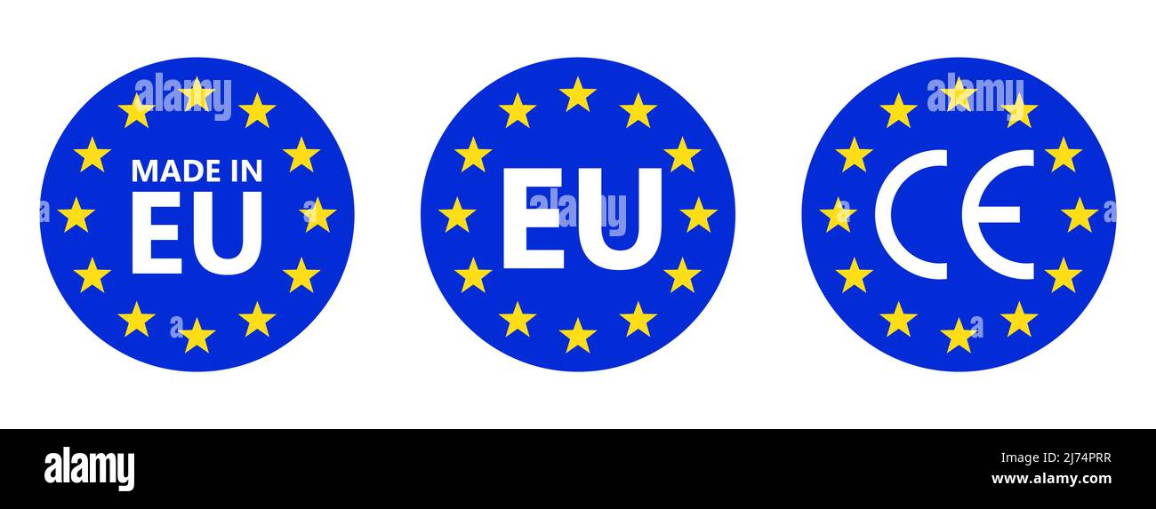 Hergestellt in der EU. CE-Zeichen. Logo der Europäischen Union. Vektorgrafik. EU-Flaggensymbol mit Sternen. Stock Vektor