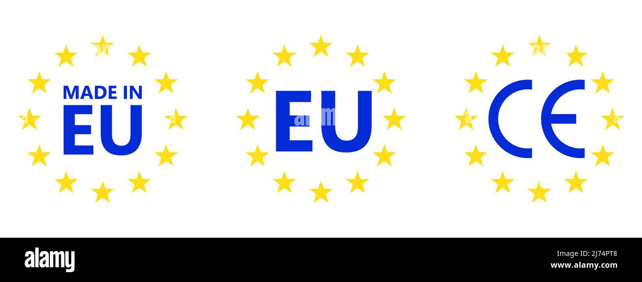 Hergestellt in der EU. CE-Zeichen. Logo der Europäischen Union. Vektorgrafik. EU-Flaggensymbol mit Sternen. Stock Vektor