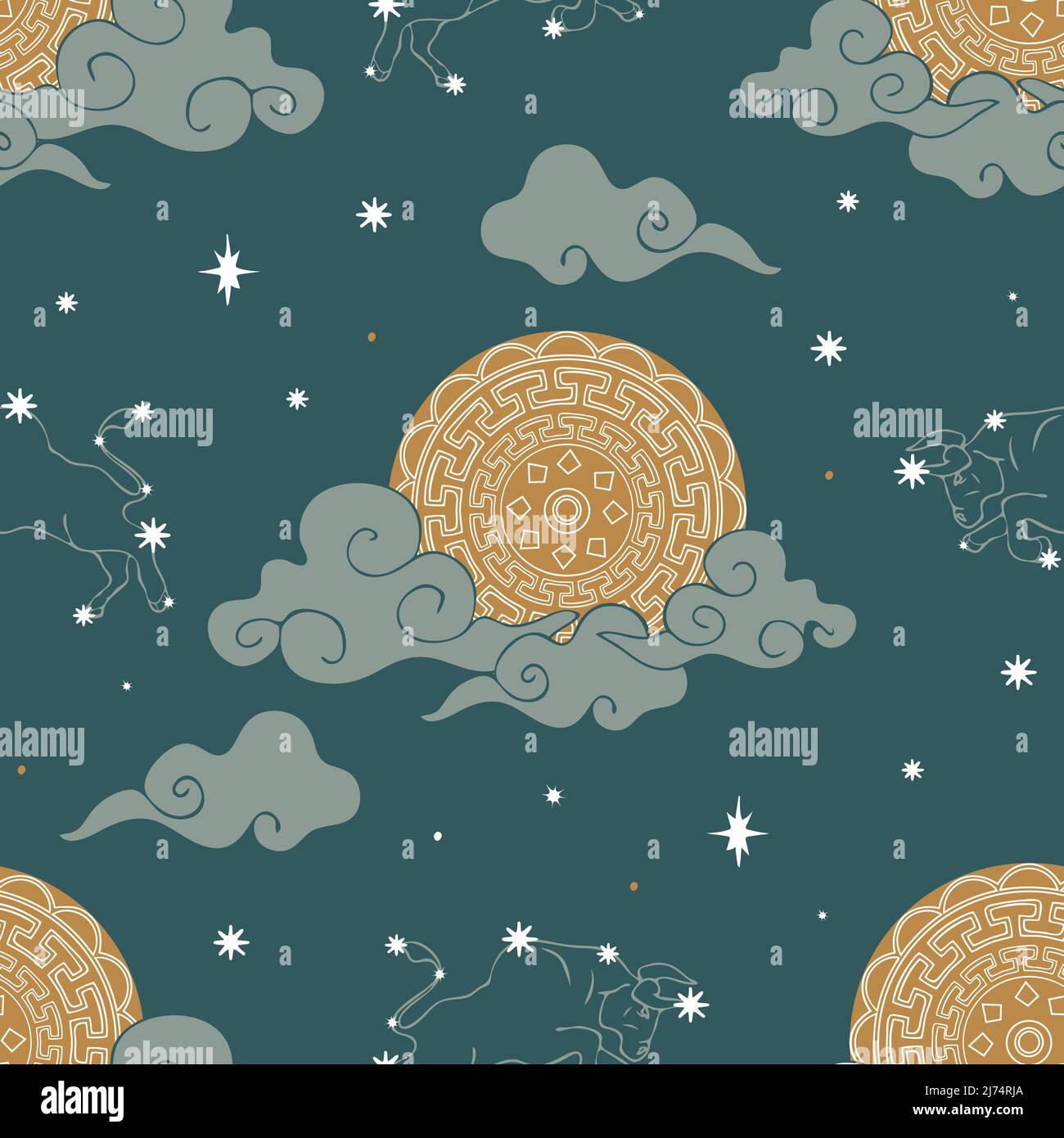 Nahtloses Vektormuster mit Tierkreiszeichen und Mond auf blauem Hintergrund. Einfache Astronomie Tapete Design. Dekorative Horoskop Mode Textil. Stock Vektor