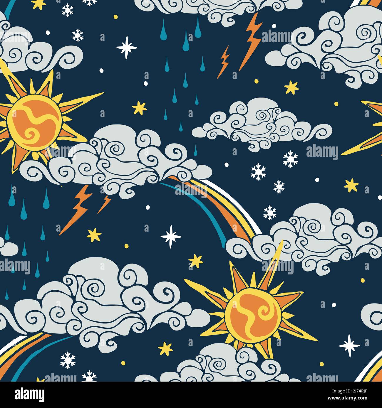 Nahtloses Vektormuster mit Cartoon-Wetter auf dunkelblauem Hintergrund. Fröhliche Sonne und Regenbogen Tapetendesign für Kinder. Stock Vektor