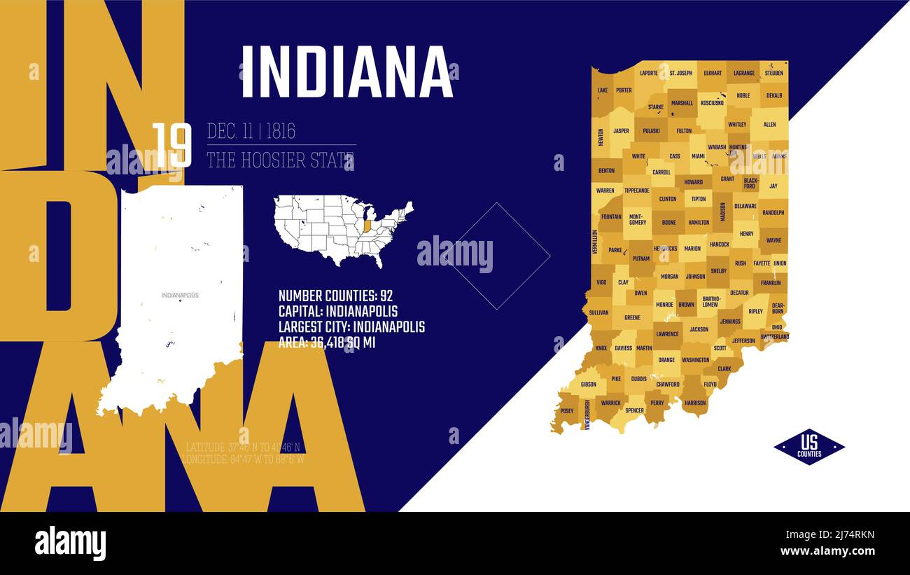 19 von 50 Bundesstaaten der Vereinigten Staaten, aufgeteilt in Grafschaften mit Territorialnamen, detaillierter Vektor Indiana Karte mit Namen und Datum, die an die U zugelassen sind Stock Vektor