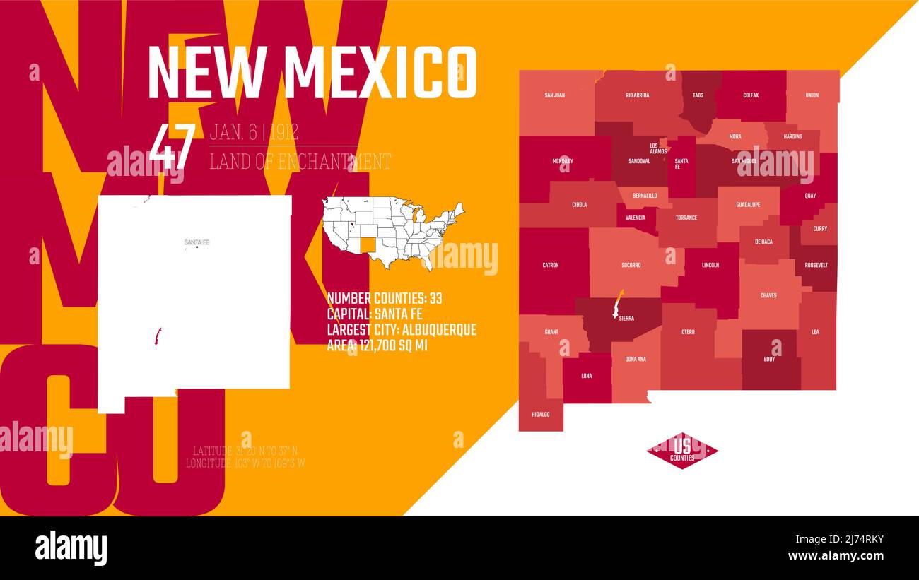 47 von 50 Bundesstaaten der Vereinigten Staaten, unterteilt in Grafschaften mit Territorialnamen, detaillierter Vektor New Mexico Karte mit Namen und Datum, das zum Th zugelassen ist Stock Vektor
