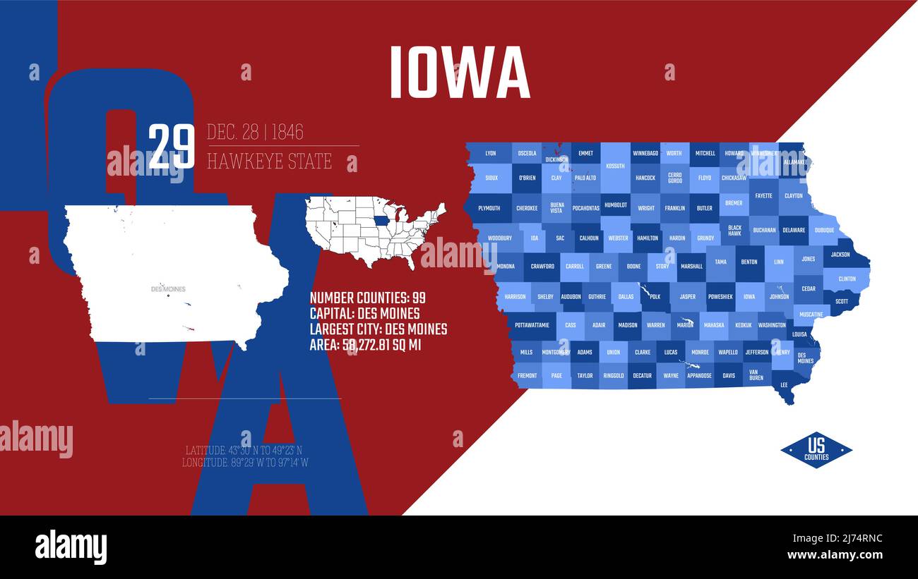 29 von 50 Bundesstaaten der Vereinigten Staaten, aufgeteilt in Grafschaften mit Territorialnamen, detaillierter Vektor Iowa Karte mit Namen und Datum, die dem Unio zugelassen sind Stock Vektor