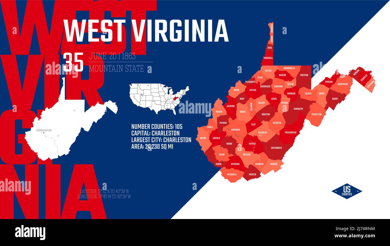 35 von 50 Bundesstaaten der Vereinigten Staaten, aufgeteilt in Grafschaften mit Territorialnamen, detaillierter Vektor West Virginia Karte mit Namen und Datum zugelassen zu Stock Vektor