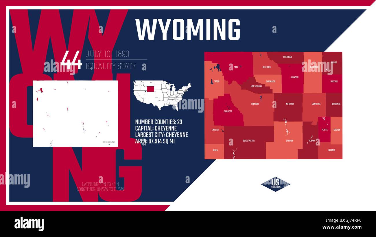 44 von 50 Bundesstaaten der Vereinigten Staaten, aufgeteilt in Grafschaften mit Territorialnamen, detaillierter Vektor Wyoming Karte mit Namen und Datum, die zur U zugelassen sind Stock Vektor