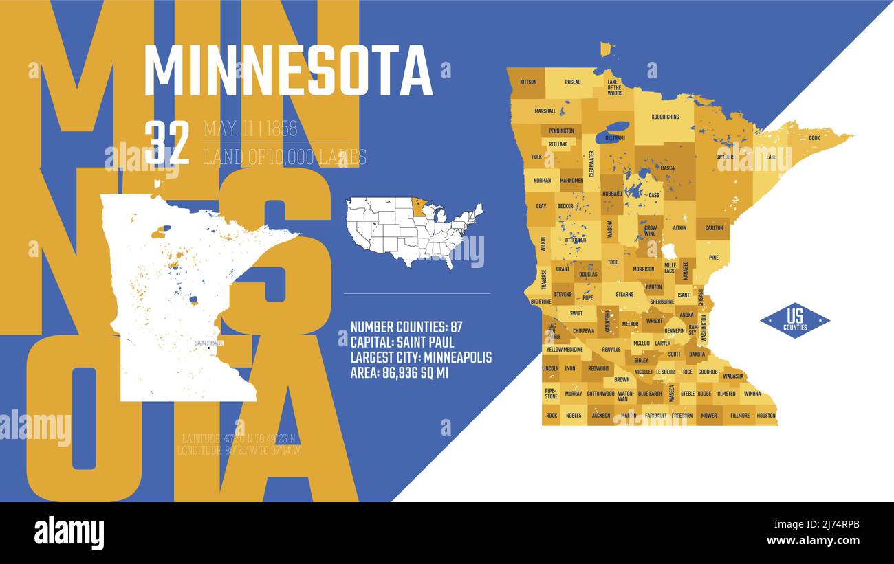 32 von 50 Bundesstaaten der Vereinigten Staaten, unterteilt in Grafschaften mit Territorialnamen, detaillierter Vektor Minnesota Karte mit Namen und Datum, die dem zugelassen wurden Stock Vektor