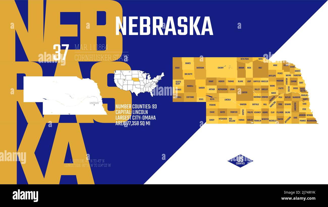 37 von 50 Bundesstaaten der Vereinigten Staaten, aufgeteilt in Grafschaften mit Territorialnamen, detaillierter Vektor Nebraska Karte mit Namen und Datum, die dem zugelassen wurden Stock Vektor