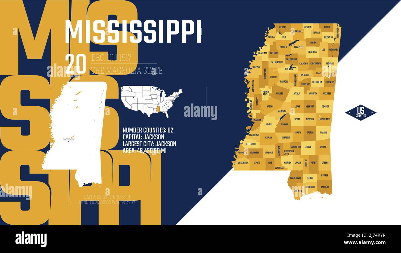 20 von 50 Bundesstaaten der Vereinigten Staaten, aufgeteilt in Grafschaften mit Territorialnamen, detaillierter Vektor Mississippi Karte mit Namen und Datum zugelassen zu t Stock Vektor