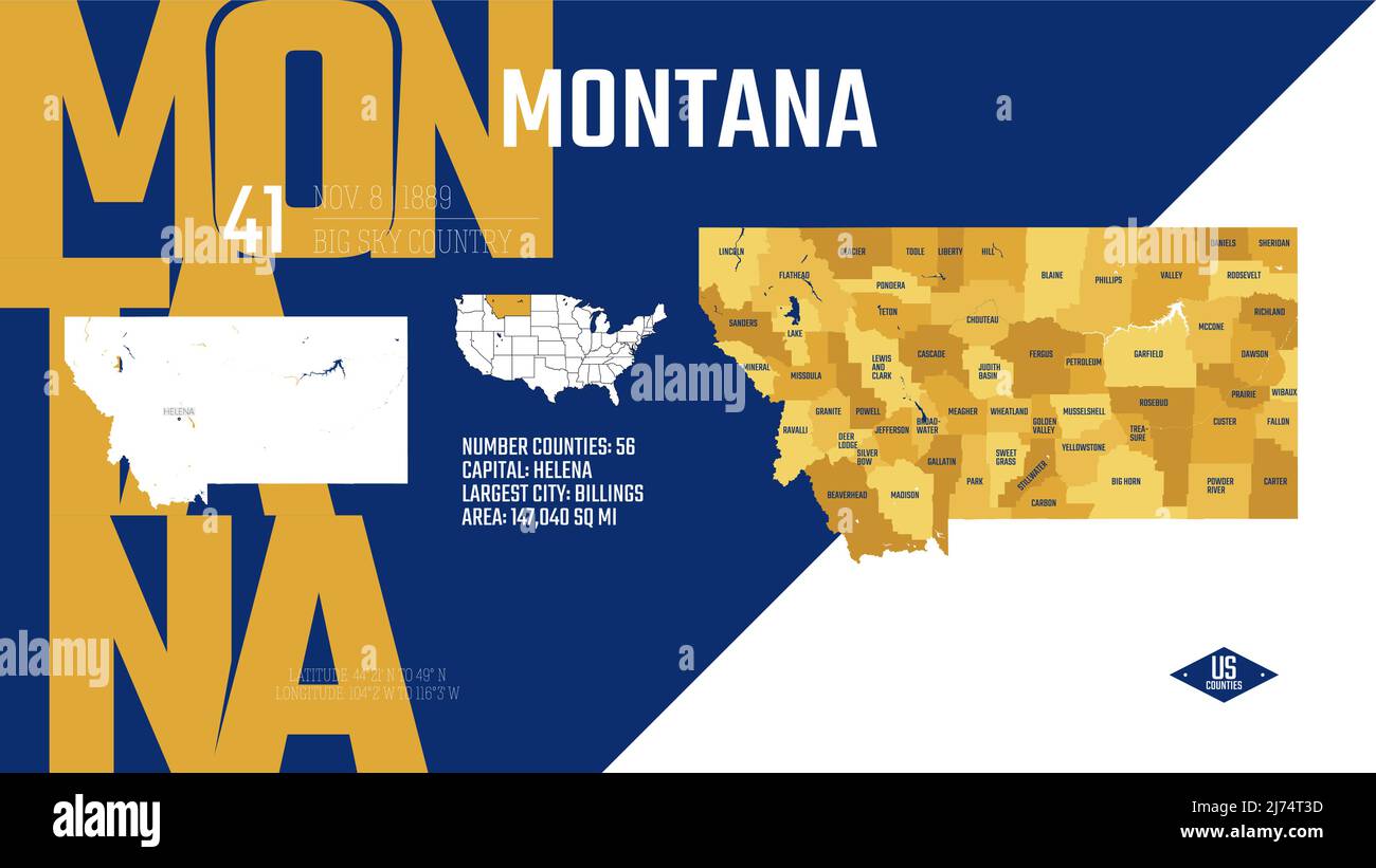 41 von 50 Bundesstaaten der Vereinigten Staaten, aufgeteilt in Grafschaften mit Territorialnamen, detaillierter Vektor Montana Karte mit Namen und Datum, die an die U zugelassen sind Stock Vektor