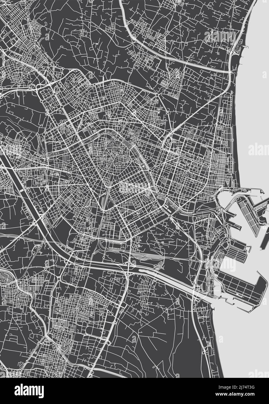 Stadtplan Valencia, monochromer Detailplan, Vektorgrafik Stock Vektor