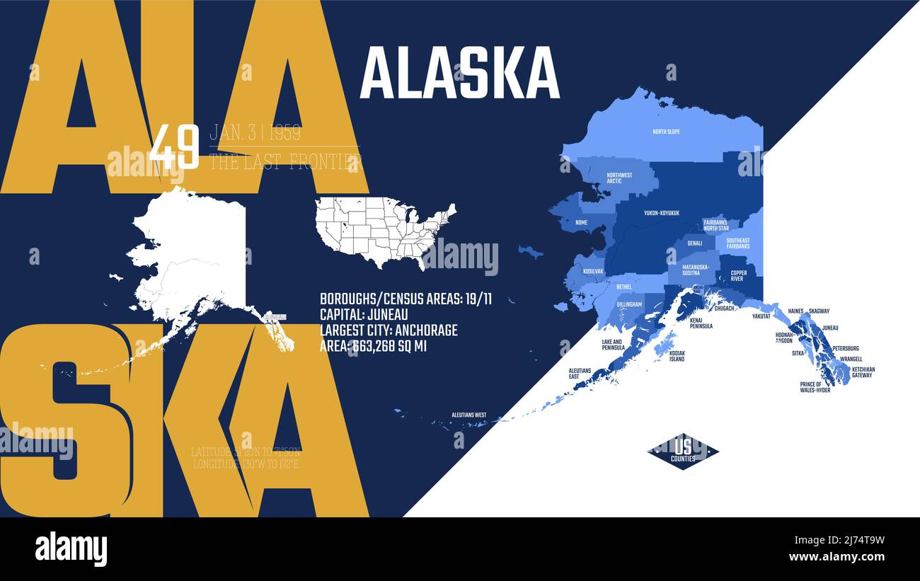 49 von 50 Bundesstaaten der Vereinigten Staaten, aufgeteilt in Grafschaften mit Territorialnamen, detaillierter Vektor Alaska-Karte mit Namen und Datum, die bei der UNO zugelassen sind Stock Vektor