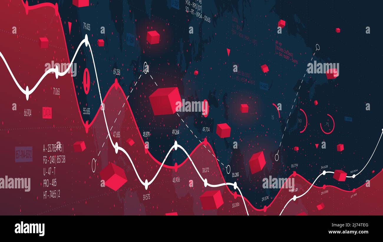 Statistische Kurvenvisualisierung, Geschäftsanalysen und Analysen der Weltwirtschaft, Organisation digitaler Finanzdatenbanken, Vektorgeschäft Stock Vektor