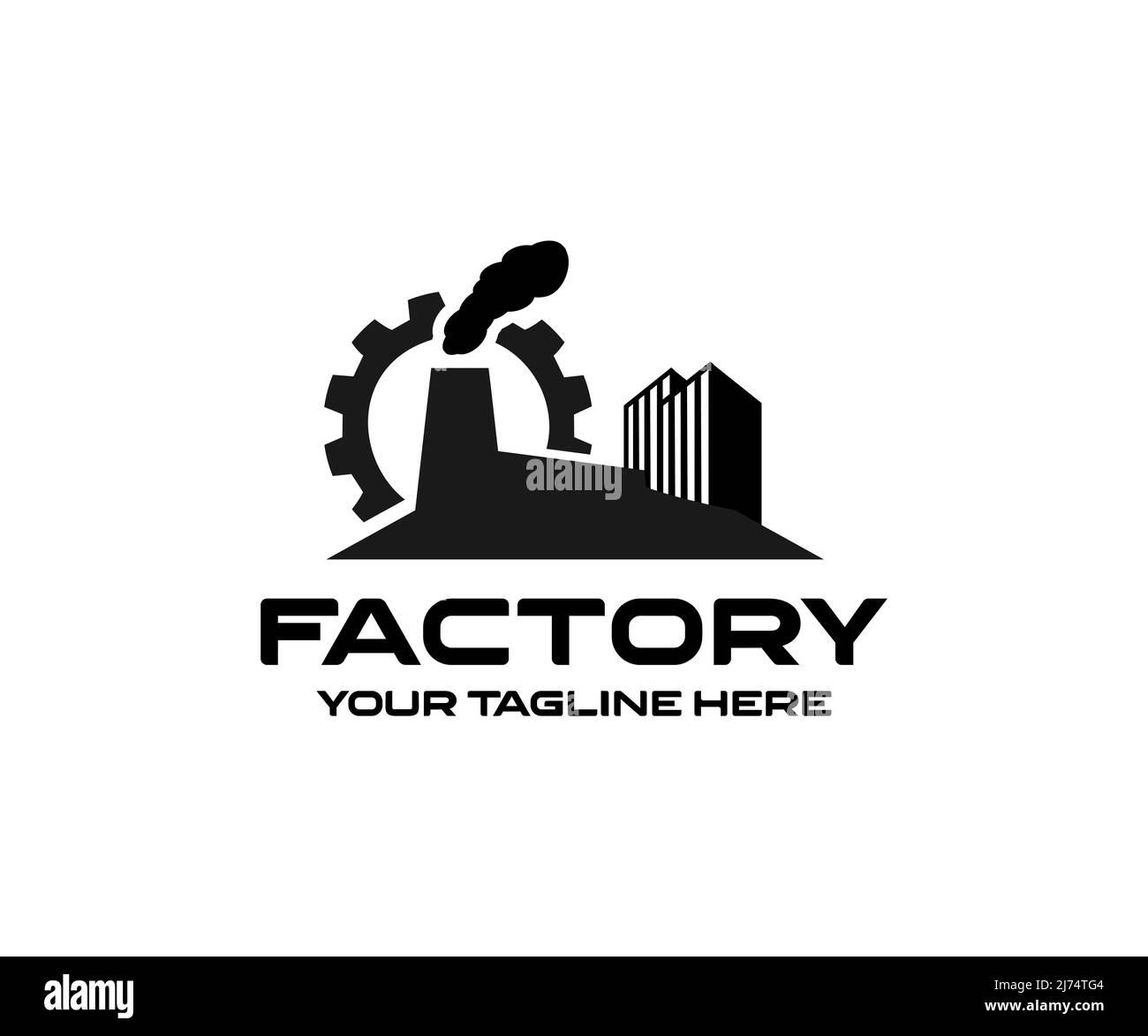 Schwarze Fabrik, Urban Fabrik Pflanzenlandschaft, Urban Fabrik Pflanzenlandschaft Logo-Design. Industrieleistung, Vektordesign für die chemische Fertigung. Stock Vektor
