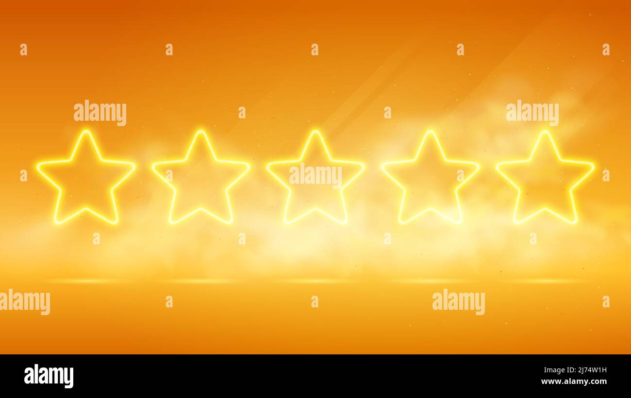 Fünf leuchtend gelbe Sterne, Banner mit der besten Qualität und Produktbewertung der Nutzer, futuristische Technologie mit orangefarbenem Neon-Glanz im Smo Stock Vektor