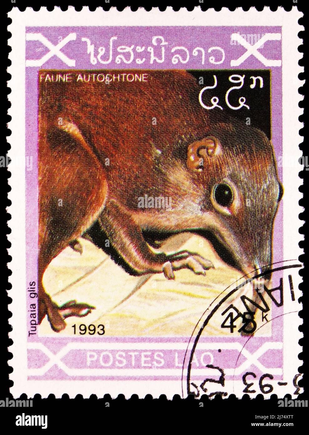 MOSKAU, RUSSLAND - 27. MÄRZ 2022: Die in Laos gedruckte Briefmarke zeigt den Gemeinen Baumrew (Tupaia glis), Säugetierserie, um 1993 Stockfoto