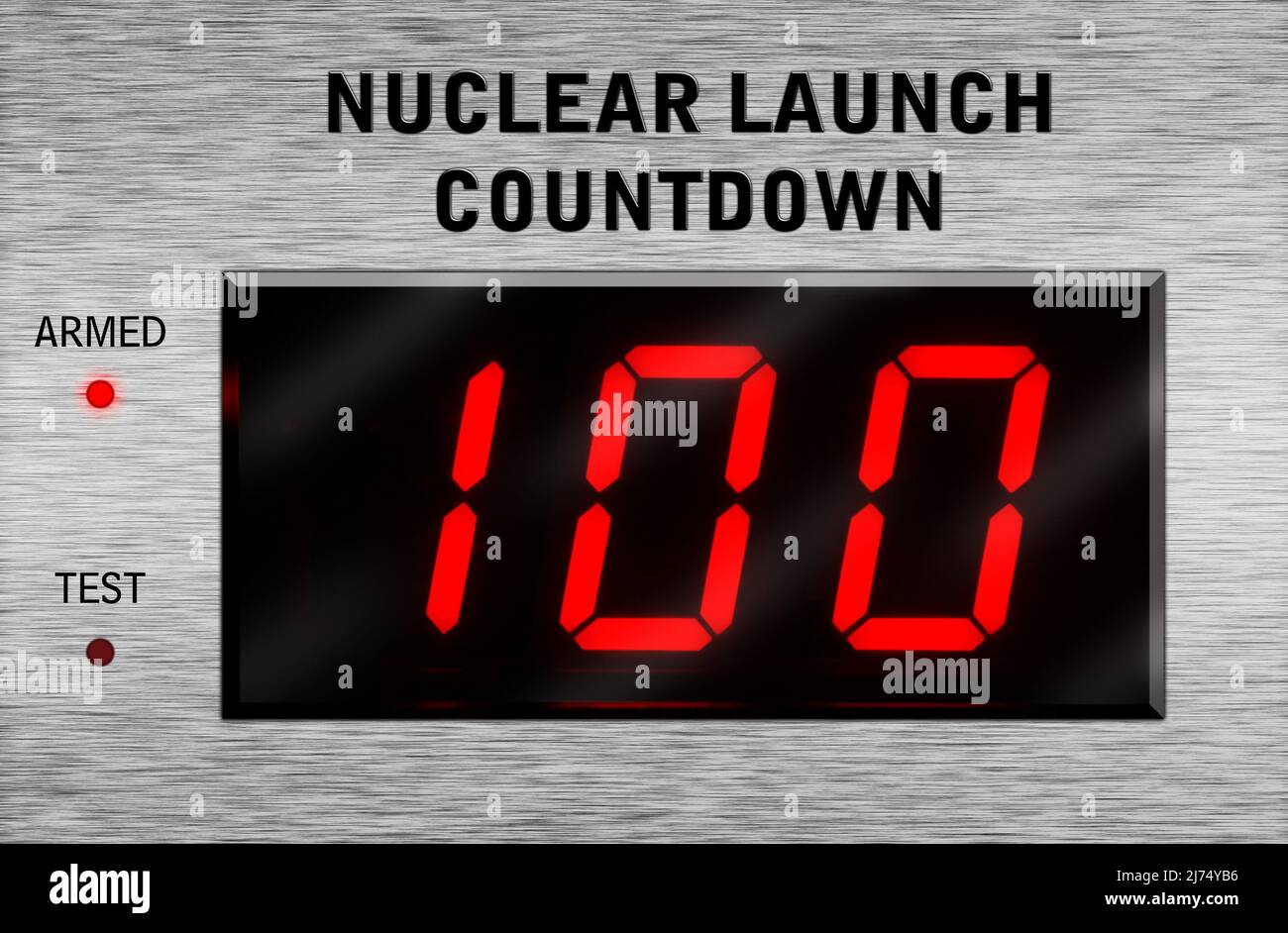 Nuklearer Countdown bis zur Zerstörung. Die Uhr des Weltuntergangs ist jetzt auf 23:58:20pm oder 100 Sekunden vor Mitternacht vor christus von Putins Drohungen nach dem Einmarsch in die Ukraine eingestellt. Stockfoto
