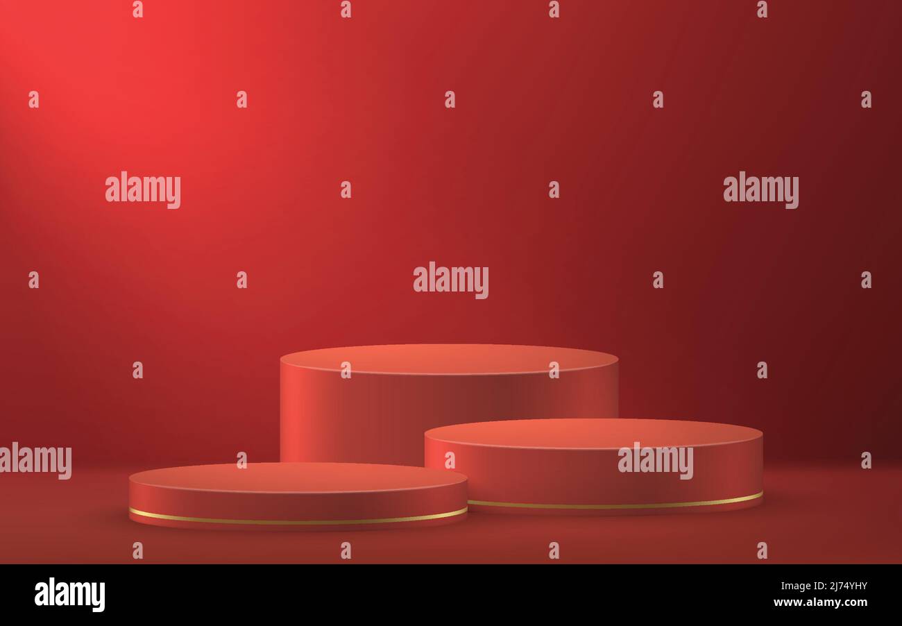3D realistisches Podium oder Podest auf rotem Luxus-Hintergrund. Stock Vektor