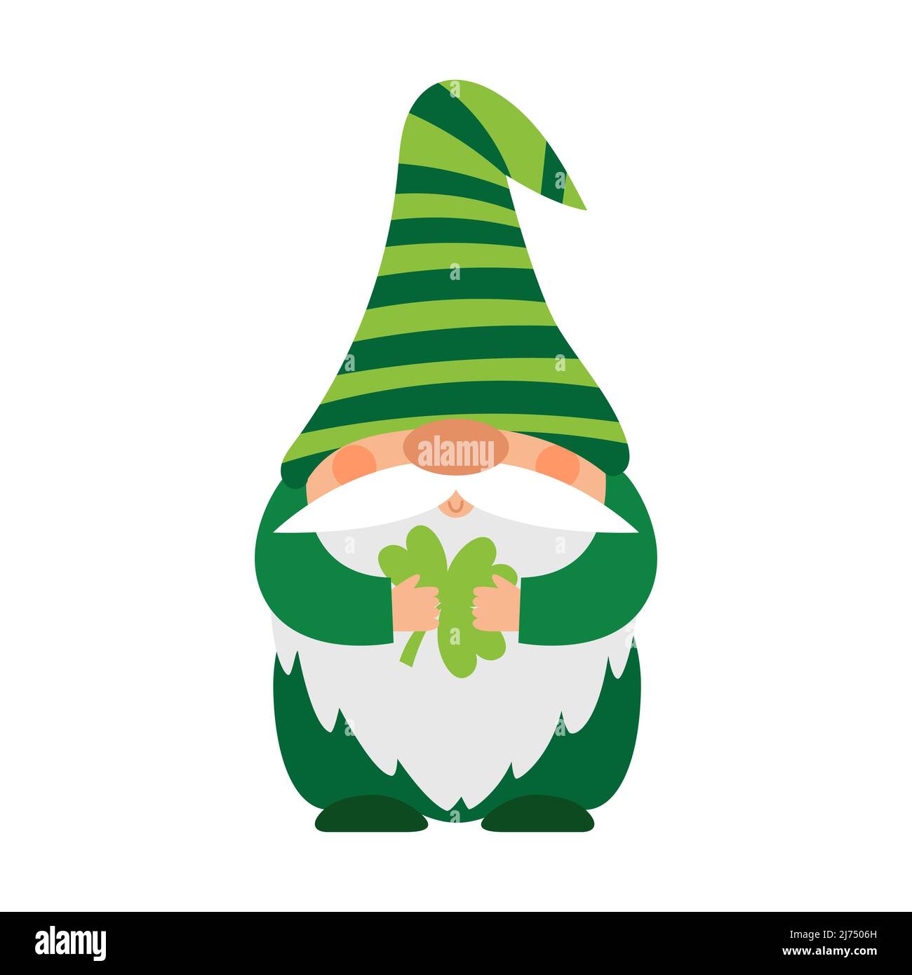 Ein kleiner plump Zwerg in einem grün gestreiften Hut hält ein Kleeblatt in seinen Händen. Ein kleiner bärtiger Gnom, eine niedliche Zeichentrickfigur in einem flachen Stil. Kolo Stock Vektor