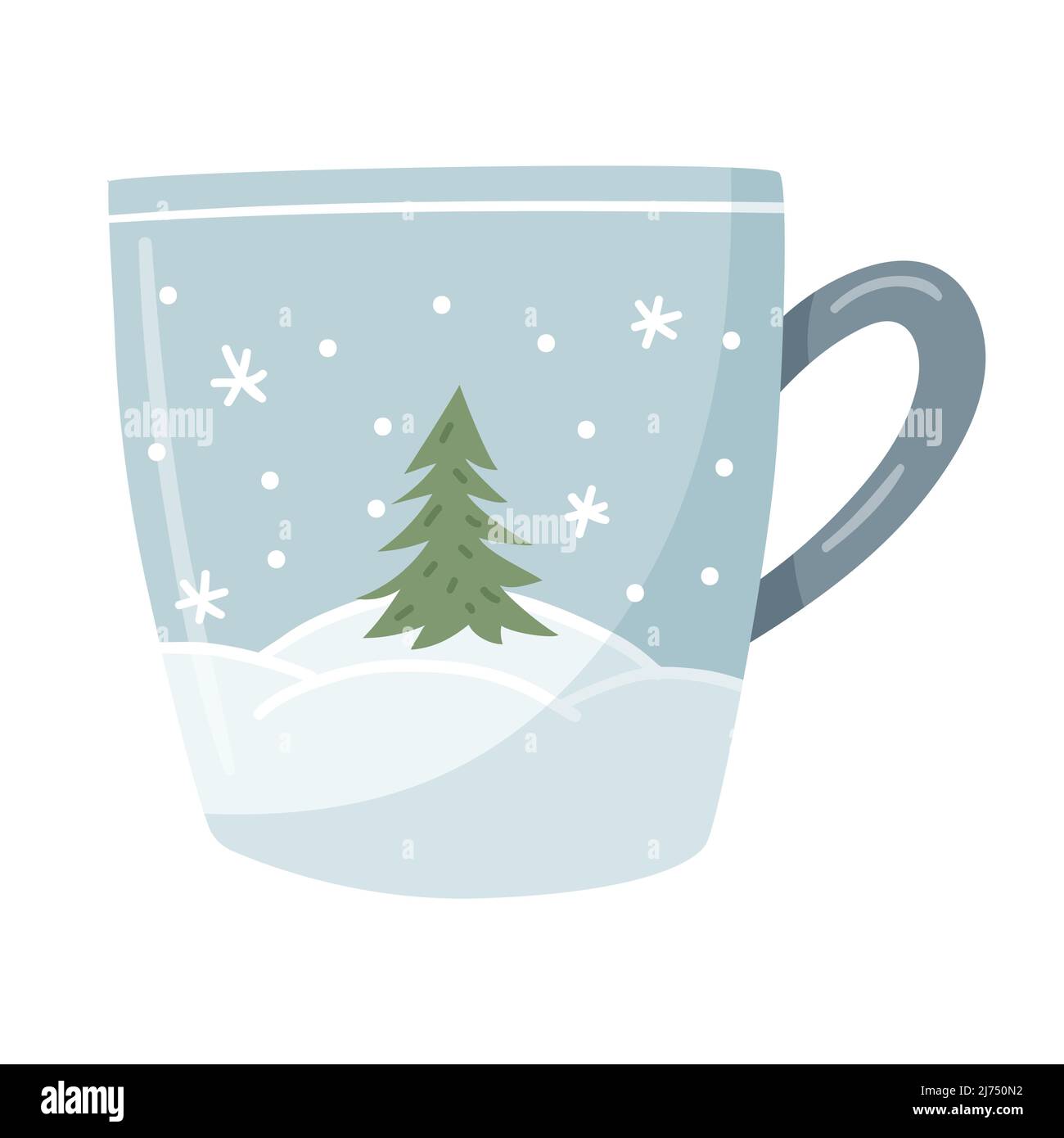 Ein blauer Becher mit einer Winterlandschaft, Schneeverwehungen und einem Weihnachtsbaum. Eine handgezeichnete flache Tasse mit einem heißen Getränk. Das Designelement ist auf einem weißen Element isoliert Stock Vektor
