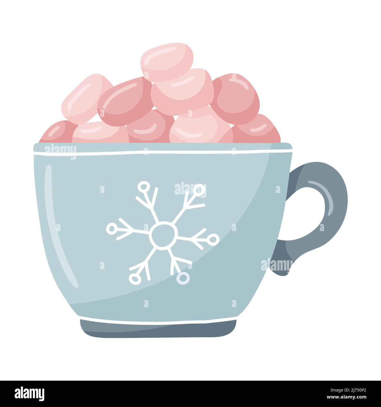 Ein blauer Becher mit Schneeflocke und rosa Sumpflaibchen. Handgezeichnete flache Winterschale mit heißem Getränk. Das Designelement ist auf einem weißen Hintergrund isoliert. Co Stock Vektor
