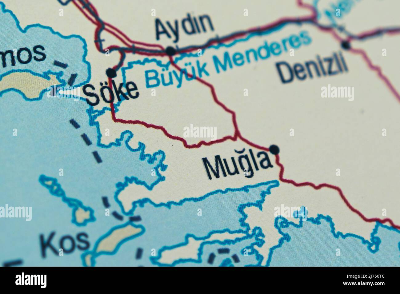 Mugla Stadt und Lage auf der Karte, Makroaufnahme und Nahaufnahme von Mugla auf der Karte, Reisidee, Urlaubskonzept, türkische Kultur und Sprache, Urlaub Stockfoto